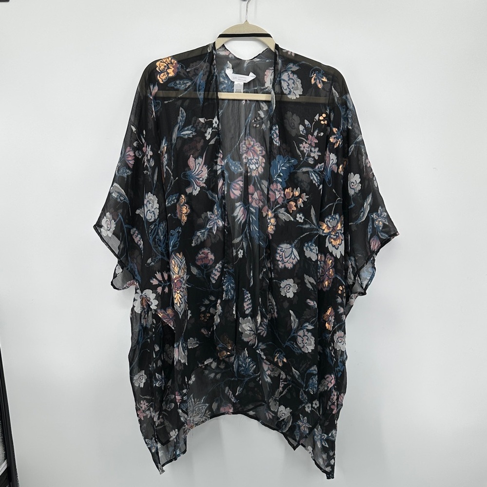 Boho Romantic Causal LC Lauren Conrad Black Sheer Floral Sheer Kimono SzOS